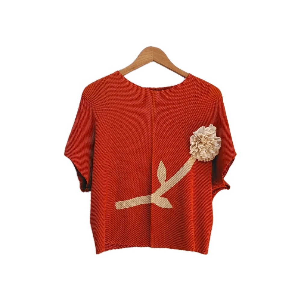Bucket List Fish Scale Textured Flower Blouse Orange Boho Festival Top Large